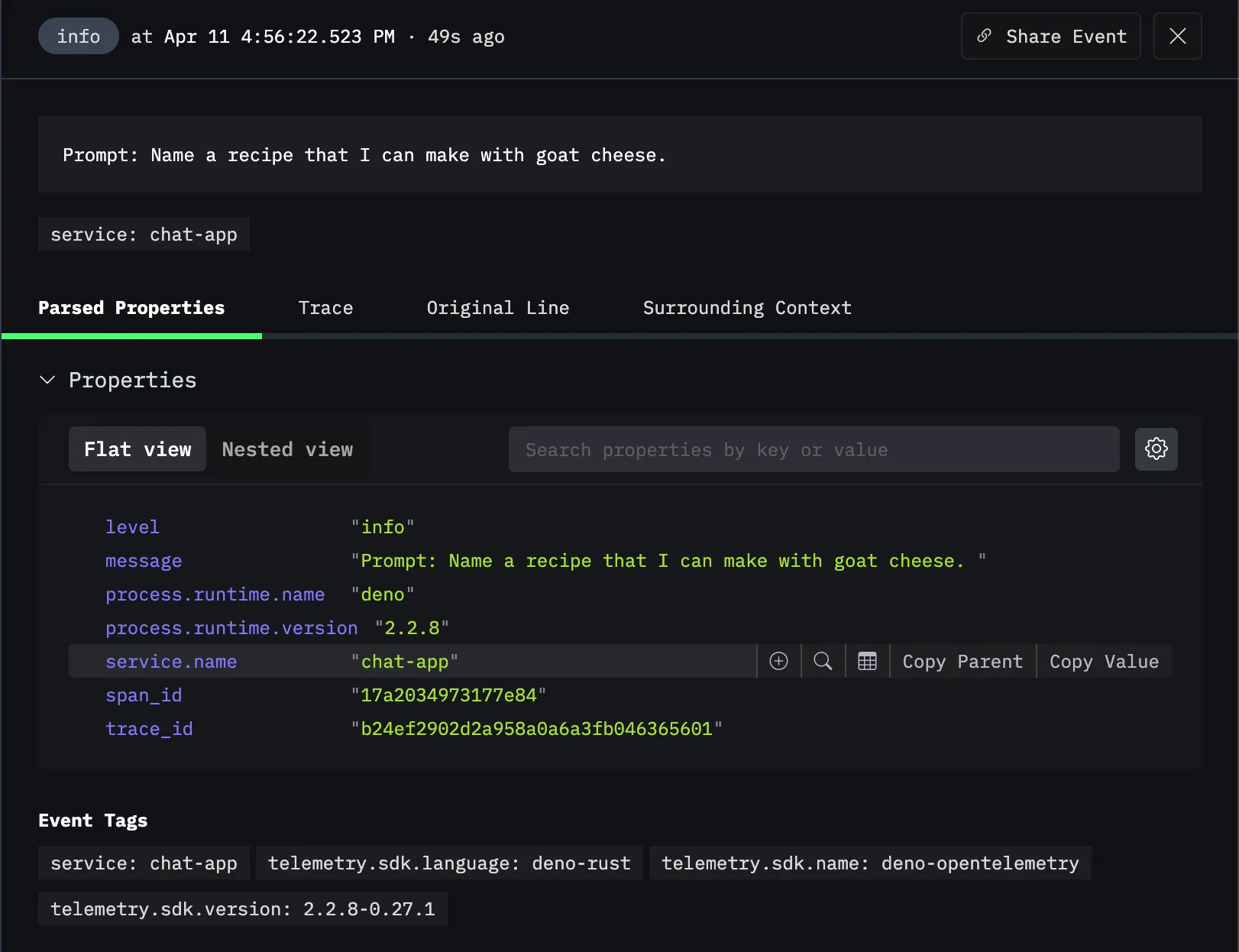 Viewing a single log in HyperDX